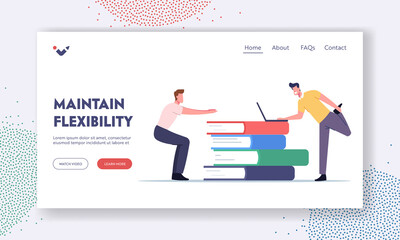 Wall Mural - Office Workers Exercising at Workplace Landing Page Template. Male Characters Doing Workout Squatting, Stretching Legs