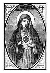 Hearth of Virgin Mary. Christian vintage engraving or line drawing illustration.