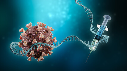 Coronavirus or sars-cov-2 virus cell with messenger RNA or mRNA and syringe on blue background 3D rendering illustration with copy space. Vaccination or vaccine, science, medical technology concept.