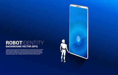Poster - Robot with Finger scan access icon on mobile phone screen. concept of artificial intelligence and machine learning identity.