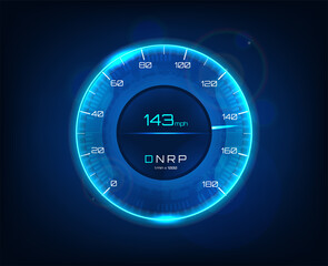 Poster - Modern car speedometer. Futuristic speedometer and tachometer for car with speed in miles and transfer, blue color. HUD dashboard auto. Vector isolated illustration