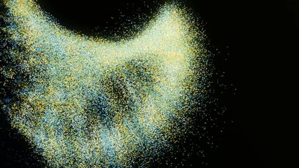 Poster - Abstract moving particles on black background. Animation. Visualization of insects cloud in rotating movement, flies migration in 3D motion graphics. 