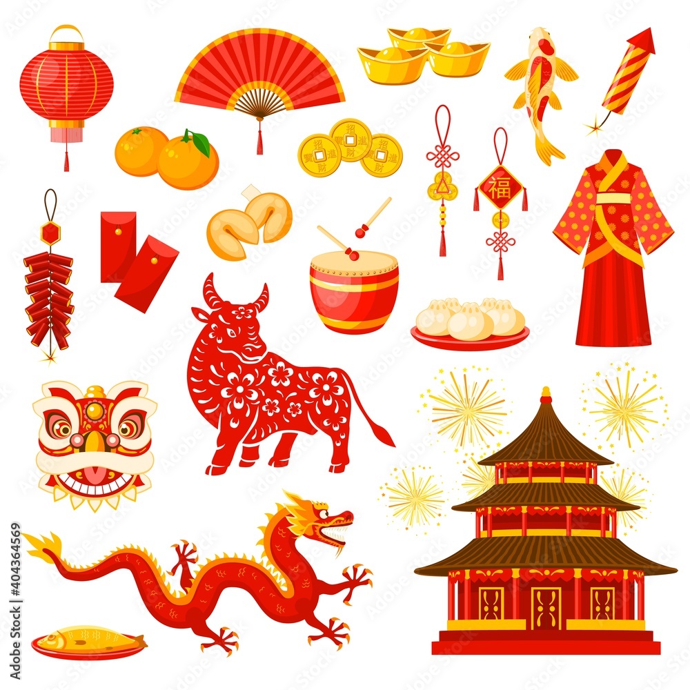 Chinese New Year holiday celebration symbols set. Lucky and wealth amulets, fireworks, clothing and meals, Chinese zodiac calendar bull or ox animal, dragon and temple building vector icons - obrazy, fototapety, plakaty 
