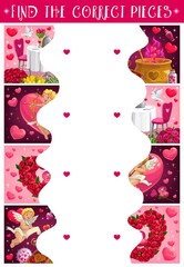 Poster - Saint Valentine day kids puzzle with flowers and cupids. Children game, holiday applique or playing activity with shape connecting task. Restaurant romantic dinner, amor and roses cartoon vector