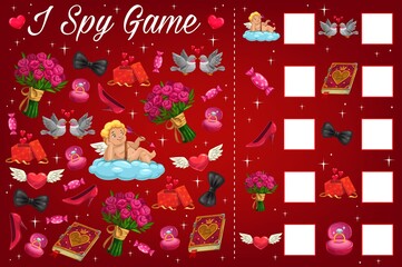 Aufkleber - Saint Valentine day children I spy puzzles book page. Child playing activity with calculation task, kids math game. Cupid, flowers and gifts, engagement ring, candy and doves coupe cartoon vector