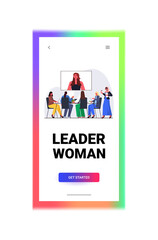 Poster - businesspeople having online conference meeting business women discussing with leader woman during v