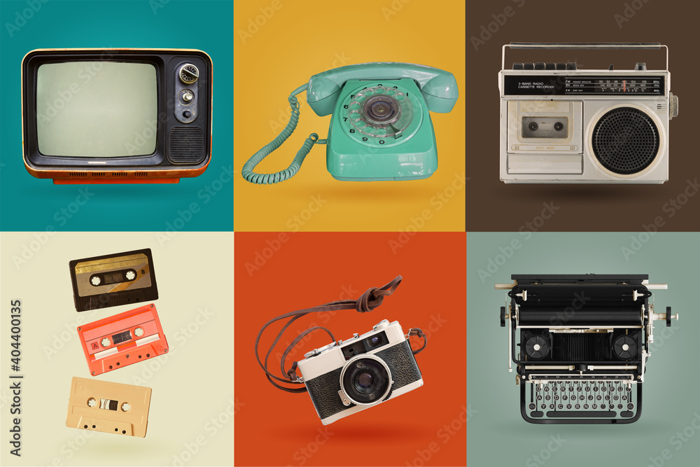 Retro electronics set. Nostalgic collectibles from the past 1980s - 1990s. objects isolated on retro color palette with clipping path. - obrazy, fototapety, plakaty 