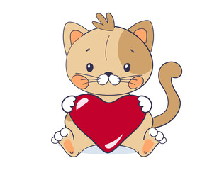 Wall Mural - A sweet kitten sits and holds a big red heart. Cute pet for Valentine s Day. Vector illustration for a baby shower on a white background, flat cartoon design