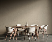 Beige Interior With Dining Table And Chairs. 3d Render Illustration Background Mock Up.