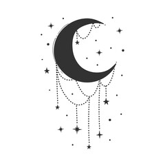 Wall Mural - Modern symbol of the crescent moon with decorations, stylized drawing, engraving. Vector illustration isolated on white. Vintage mystical design in boho style, logo, tattoo