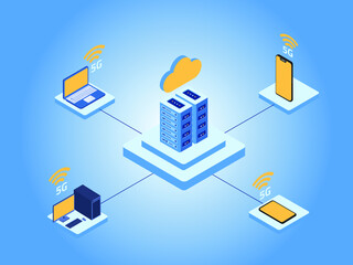 5G network wireless systems isometric vector concept. Server connecting to electronic device with 5G network wireless system