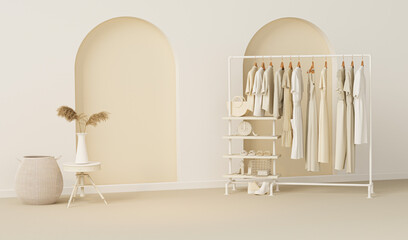 clothes on grunge background, shelf on cream background. collection of clothes hanging on a rack in 