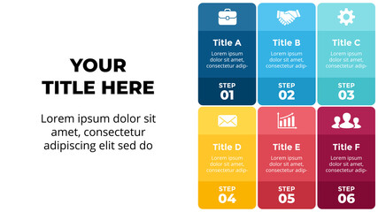 Canvas Print - Squares vector colorful Infographic. 6 steps, options. Presentation slide template. Banners timeline. Data visualization.