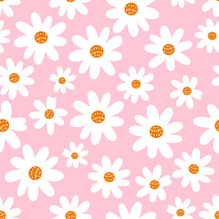 Seamless pattern with cute hand drawn daisy flower on pink background vector illustration.
