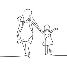 One Single Line Drawing Of Young Happy Mom Holding Her Daughter. A Mother Playing Together With Her Child At Home Isolated On White Background. Family Parenthood Concept. Vector Illustration