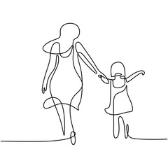 Wall Mural - One single line drawing of young happy mom holding her daughter. A mother playing together with her child at home isolated on white background. Family parenthood concept. Vector illustration