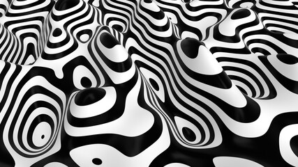 Wall Mural - Abstract black and white liquid striped silk shape. 3D wavy striped motion background. BW lines pattern. 3D rendering, 3D illustration.