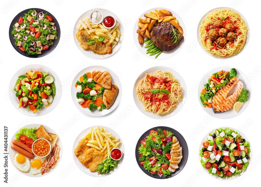 various plates of food isolated on a white background, top view - obrazy, fototapety, plakaty 