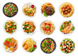 various plates of food isolated on a white background, top view