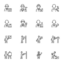 Sticker - People profession and occupation line icons set, outline vector symbol collection, linear style pictogram pack. Signs, logo illustration. Set includes icons as foreman worker, programmer, delivery man