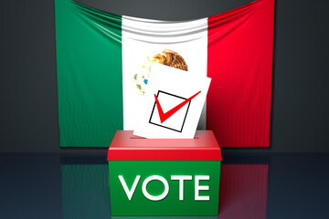 Canvas Print - 3d illustration of a ballot box or ballot box, into which a ballot bill falls from above, with the Mexico national flag in the background. Voting and choice concept