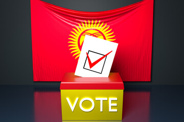 Wall Mural - 3d illustration of a ballot box or ballot box, into which a ballot bill falls from above, with the Kyrgyzstan national flag in the background. Voting and choice concept