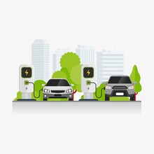 Charging Station Design Concept. Electric Vehicle Charging Technology At Parking Area Vector Illustration