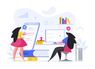 Poster - people analyze and adjust rating online channel cartoon vector. female characters in office watching