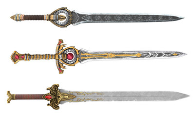 Wall Mural - fantasy golden sword with long blade on isolated white background. 3d illustration
