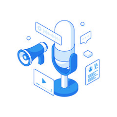 Poster - Media content creation vector design with megaphone and microphone