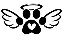 Dog Footprint Angel With Wings, Gloria, Bone And Footprints, Paws. - Hand Drawn Positive Tattoo. Modern Brush Design. Memory Ink. Love Your Dog. Inspirational Vector Graphic. 