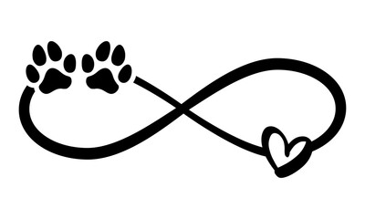 Dog or cat paw prints and heart - in infinity shape - lovely tattoo, ink. Lovely heart with paw print and heart inside infinity symbol. Modern design for pet lovers.