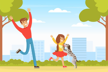 Sticker - Father and Happy Girl Walking with Dog Outdoors in Park, Kid Having Fun with Pet Animal on Summer Landscape Cartoon Vector Illustration