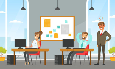 Sticker - Business People Characters Working at Computers, Office Indoor Space Interior with Employees Flat Style Vector Illustration