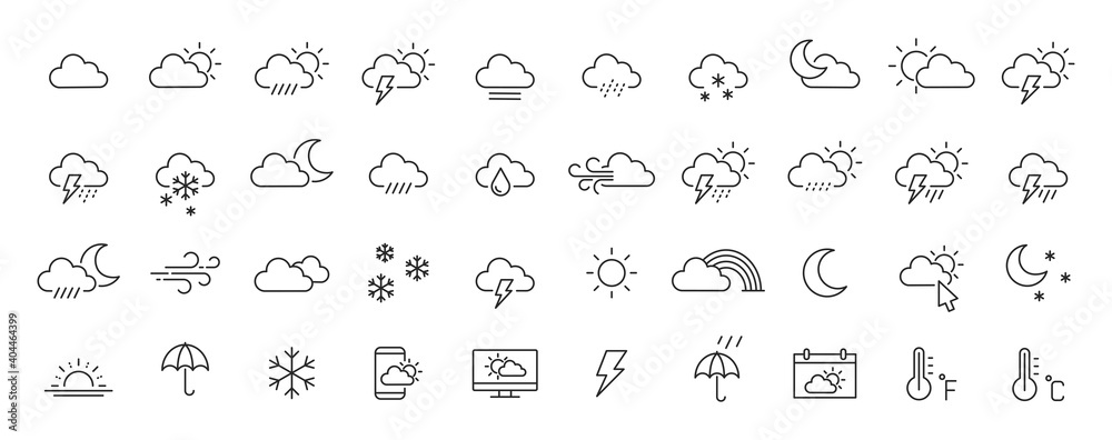 Set of 40 weather web icons in line style. Weather , clouds, sunny day, moon, snowflakes, wind, sun day. Vector illustration. - obrazy, fototapety, plakaty 