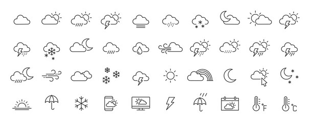 set of 40 weather web icons in line style. weather , clouds, sunny day, moon, snowflakes, wind, sun 