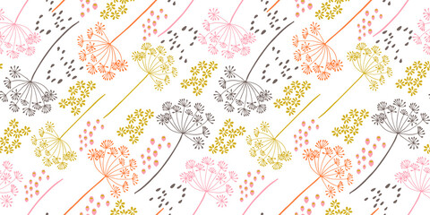 Poster - Vector organic floral seamless abstract background, botanical motif, freehand doodles pattern. Fennel flowers in pastel colors.