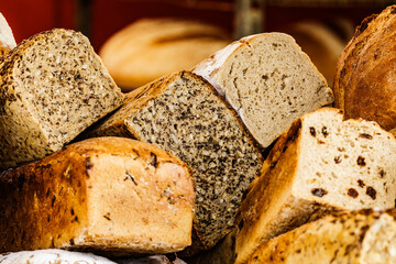 Many rustic fresh bread loaves