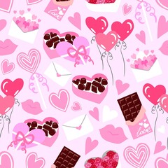 Wall Mural - Seamless vector flat hearts pattern. Valentine's day background. Flat design. Endless chaotic texture of romantic elements. Hearts, balloons, candy, chocolate, lollipop, lips, envelope.