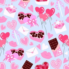 Wall Mural - Seamless vector flat hearts pattern. Valentine's day background. Flat design. Endless chaotic texture of romantic elements. Hearts, balloons, candy, chocolate, lollipop, lips, envelope.