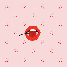 Sexy Woman Lips With Sweet Cherry Vector Illustration On Tiny Berry Pink Background French Lipstick Makeup Mouth Eating Red Berry Poster Tee Shirt Print IPhone Wallpaper Design 