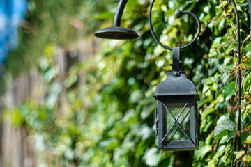 Old-style antique metal lantern (street lamp) on the background of green bushes, wooden fence and the sky