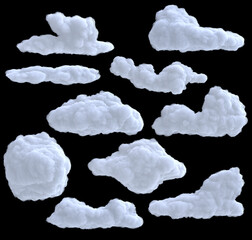 Collection realistic cartoon dense wtite cloud isolated on black background. Digital graphic element. Beautiful natural phenomenon. 3d render illustration.