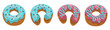 Set of Whole donuts and half-eaten donuts with blue glaze and pink glaze. Tasty doughnuts covered in chocolate cream isolated on a white background. Vector illustration in flat style. isometric.