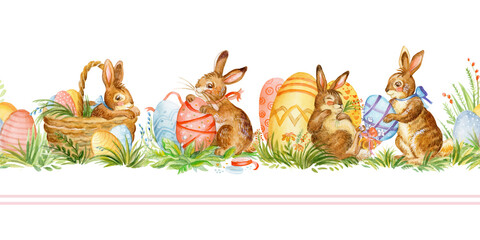 Seamless colorful watercolor border with easter rabbits