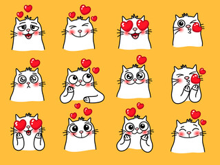 Wall Mural - Cat emoticons with heart. Cartoon cute emotions of home loving animals, vector illustration of emoji with funny pets isolated on yellow background