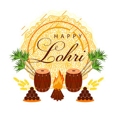 Wall Mural - Happy Lohri festival Punjab India background. Lohri celebration campfire background with decorated drum