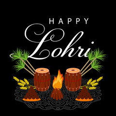 Wall Mural - Happy Lohri festival Punjab India background. Lohri celebration campfire background with decorated drum