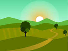 Sunrise On The Green  Mountains Green Trees And Green Hills Landscape Background Vector Design