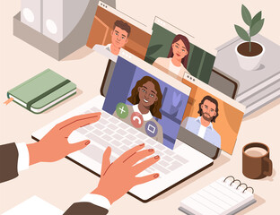 Poster - People Character working Remote at Home and using Laptop for Video Meeting with Colleagues and Friends. Online Discussion and Video Conference Concept. Flat Isometric Vector Illustration.
